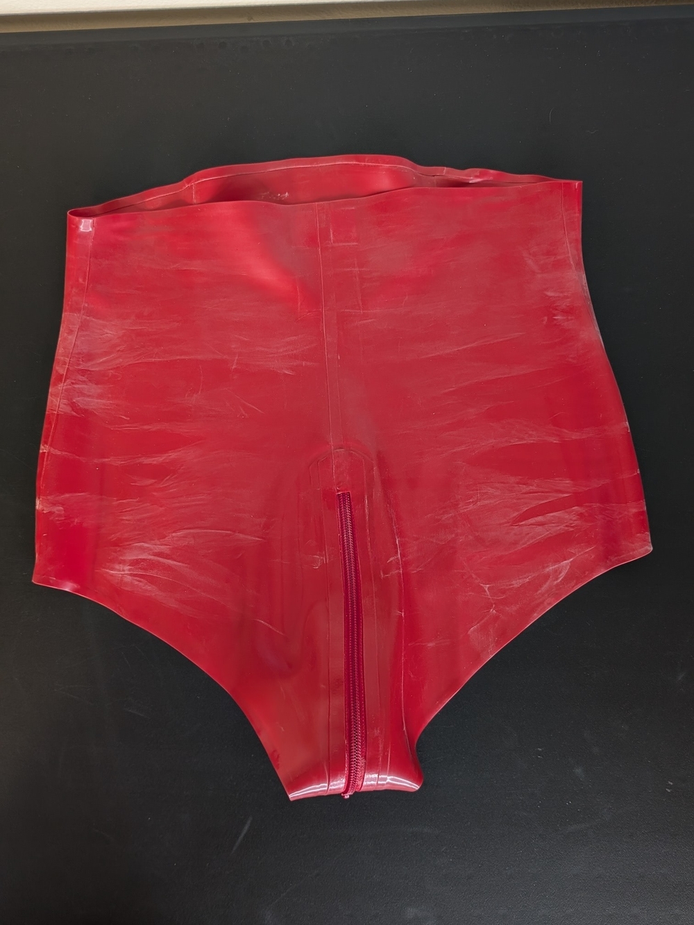 Red High-Waist Latex Briefs with Zip Around Zipper - Picture 3 of 5